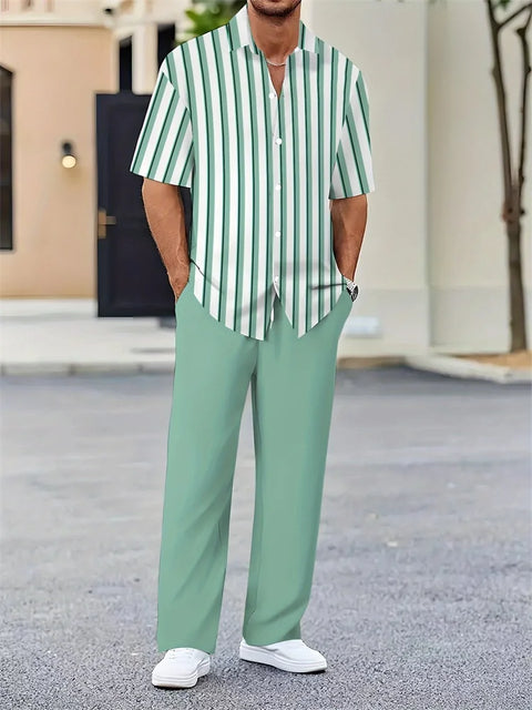 Men's 3D Striped Lapel Shirt Set – Casual Outdoor Two-Piece