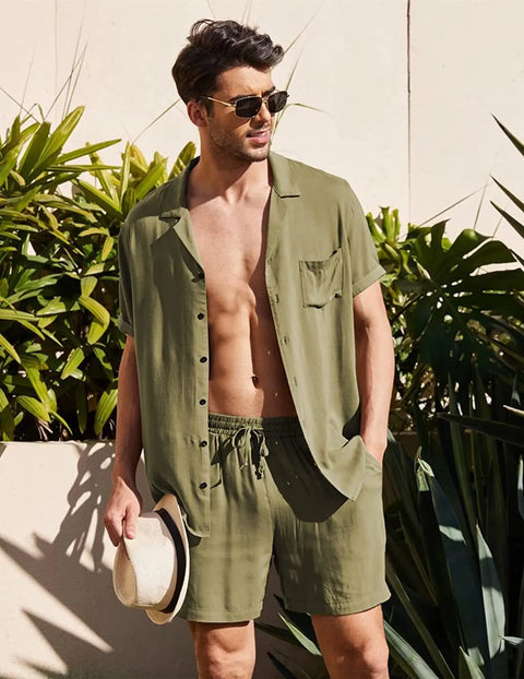 Men's Cotton Linen Shirt Set – Casual Beach Pajama Two-Piece