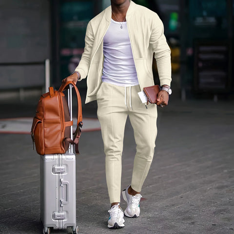 Men's Waffle Two-Piece Set – Zippered Shirt & Trousers Outfit