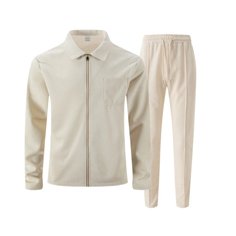 Men's Waffle Two-Piece Set – Zippered Shirt & Trousers Outfit
