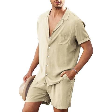 Men's Cotton Linen Shirt Set – Casual Beach Pajama Two-Piece