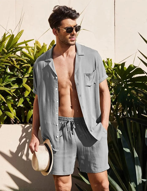 Men's Cotton Linen Shirt Set – Casual Beach Pajama Two-Piece