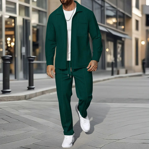 Men's Waffle Two-Piece Set – Zippered Shirt & Trousers Outfit