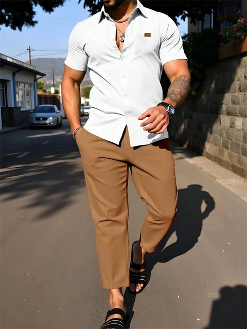 Men's 3D Striped Lapel Shirt Set – Casual Outdoor Two-Piece