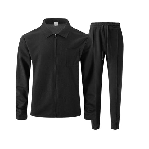 Men's Waffle Two-Piece Set – Zippered Shirt & Trousers Outfit