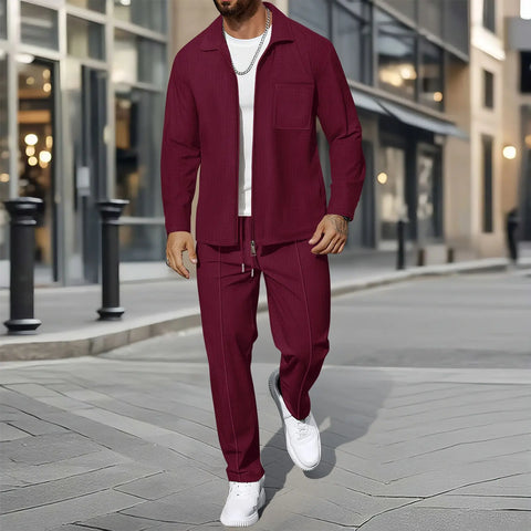 Men's Waffle Two-Piece Set – Zippered Shirt & Trousers Outfit