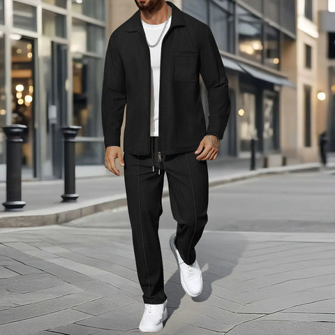 Men's Waffle Two-Piece Set – Zippered Shirt & Trousers Outfit