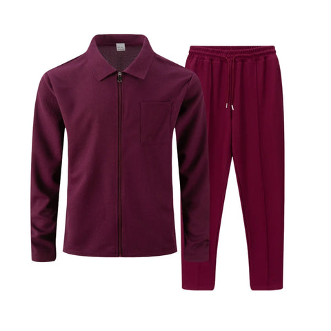 Men's Waffle Two-Piece Set – Zippered Shirt & Trousers Outfit