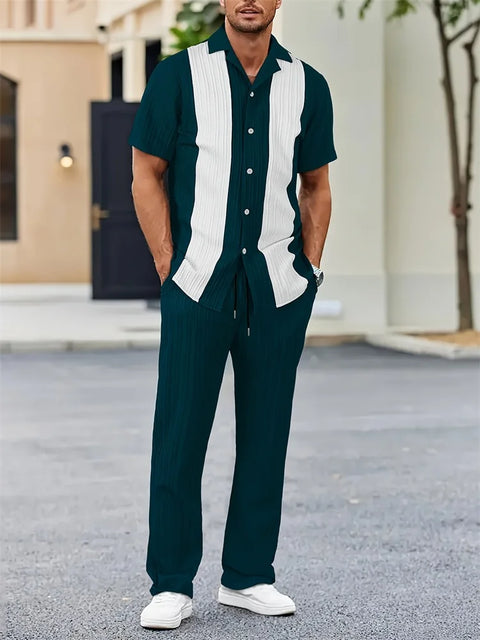 Men's 3D Striped Lapel Shirt Set – Casual Outdoor Two-Piece