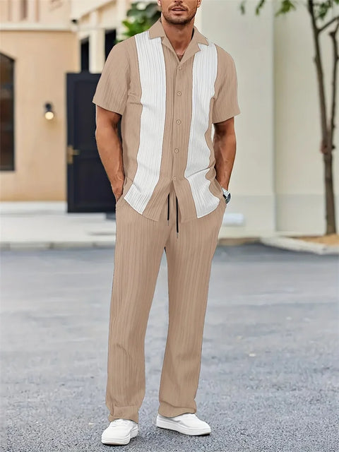 Men's 3D Striped Lapel Shirt Set – Casual Outdoor Two-Piece