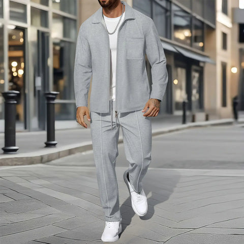 Men's Waffle Two-Piece Set – Zippered Shirt & Trousers Outfit