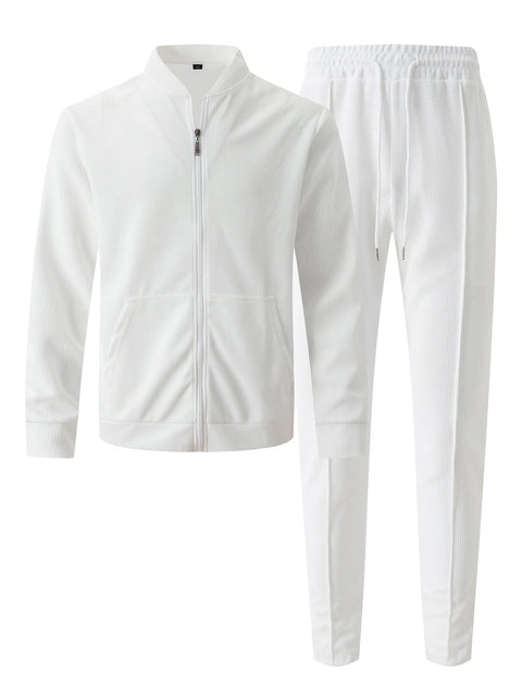 Men's Waffle Two-Piece Set – Zippered Shirt & Trousers Outfit