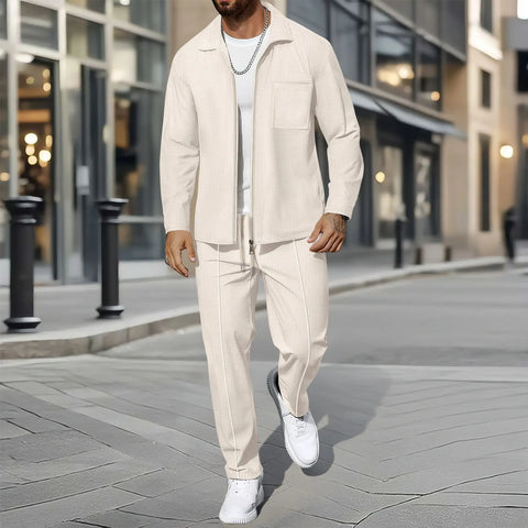 Men's Waffle Two-Piece Set – Zippered Shirt & Trousers Outfit