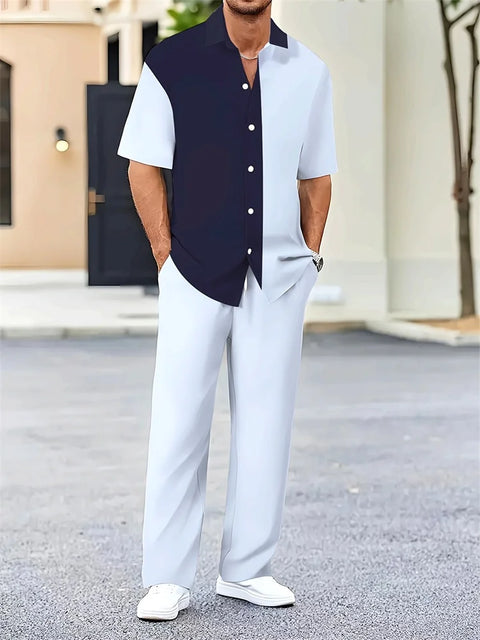 Men's 3D Striped Lapel Shirt Set – Casual Outdoor Two-Piece