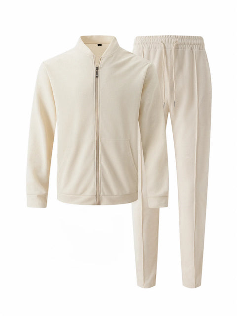 Men's Waffle Two-Piece Set – Zippered Shirt & Trousers Outfit