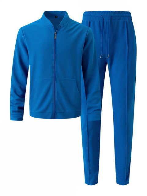 Men's Waffle Two-Piece Set – Zippered Shirt & Trousers Outfit