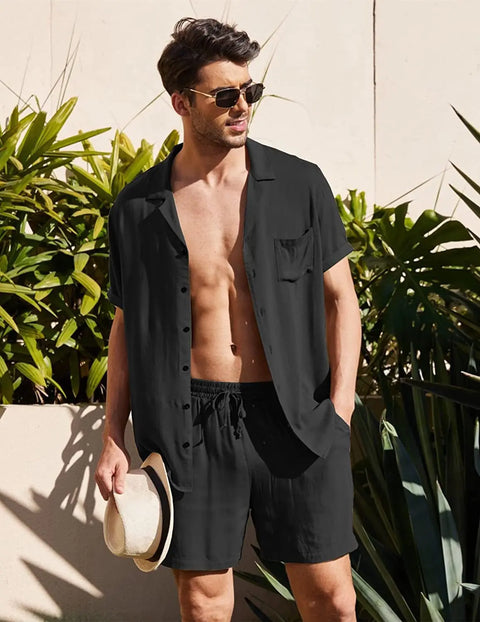 Men's Cotton Linen Shirt Set – Casual Beach Pajama Two-Piece