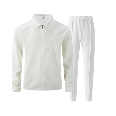 Men's Waffle Two-Piece Set – Zippered Shirt & Trousers Outfit
