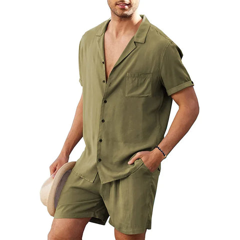 Men's Cotton Linen Shirt Set – Casual Beach Pajama Two-Piece
