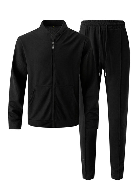Men's Waffle Two-Piece Set – Zippered Shirt & Trousers Outfit