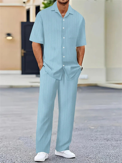Men's 3D Striped Lapel Shirt Set – Casual Outdoor Two-Piece