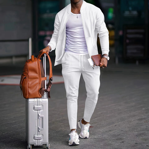 Men's Waffle Two-Piece Set – Zippered Shirt & Trousers Outfit