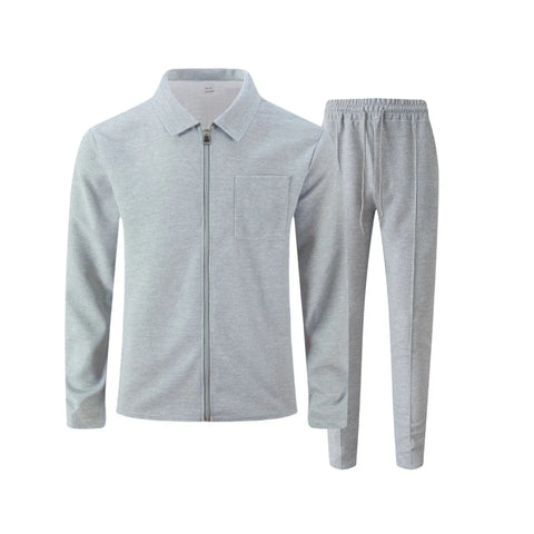 Men's Waffle Two-Piece Set – Zippered Shirt & Trousers Outfit