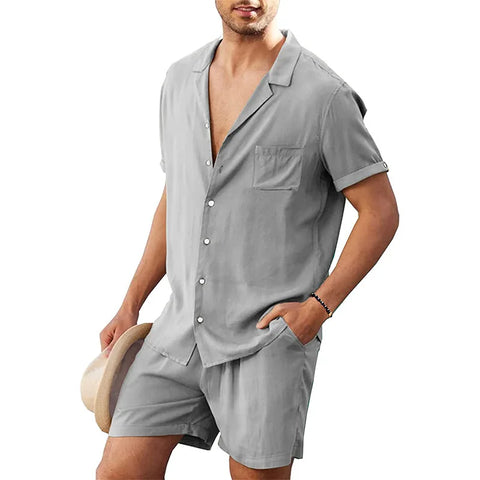 Men's Cotton Linen Shirt Set – Casual Beach Pajama Two-Piece