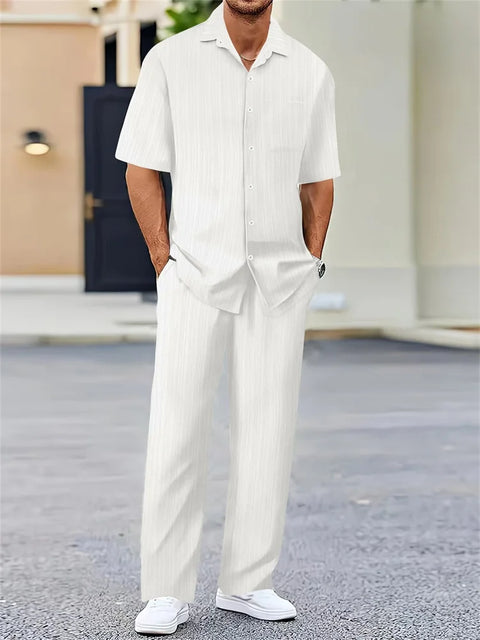 Men's 3D Striped Lapel Shirt Set – Casual Outdoor Two-Piece