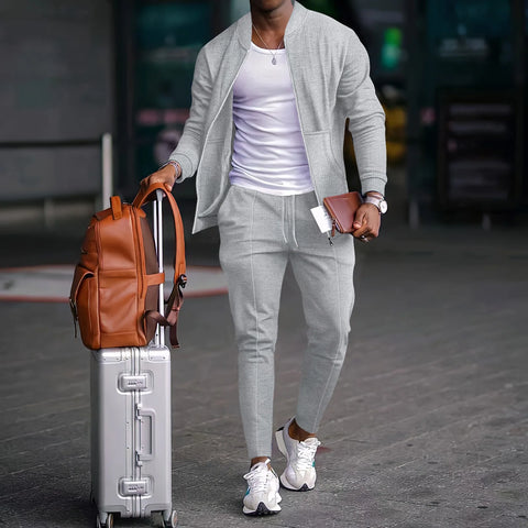 Men's Waffle Two-Piece Set – Zippered Shirt & Trousers Outfit