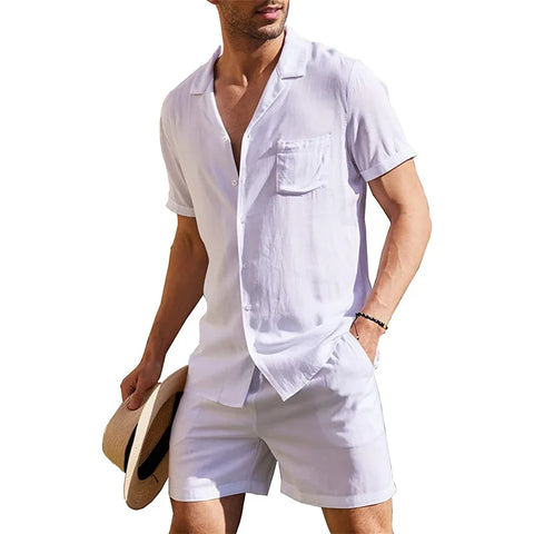 Men's Cotton Linen Shirt Set – Casual Beach Pajama Two-Piece