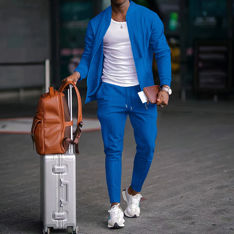 Men's Waffle Two-Piece Set – Zippered Shirt & Trousers Outfit