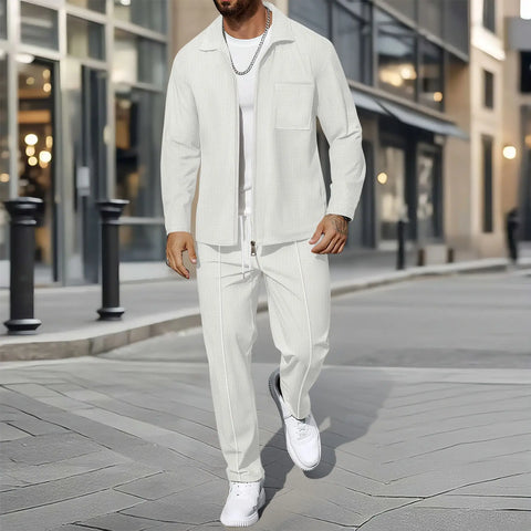 Men's Waffle Two-Piece Set – Zippered Shirt & Trousers Outfit
