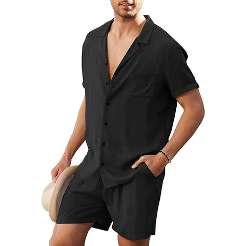 Men's Cotton Linen Shirt Set – Casual Beach Pajama Two-Piece