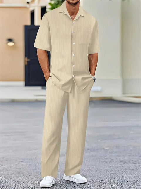 Men's 3D Striped Lapel Shirt Set – Casual Outdoor Two-Piece