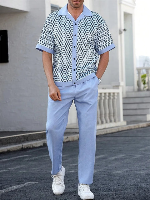 Men's 3D Striped Lapel Shirt Set – Casual Outdoor Two-Piece