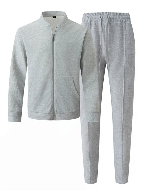 Men's Waffle Two-Piece Set – Zippered Shirt & Trousers Outfit
