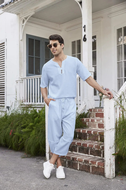 Men's Cotton Linen Shirt Set – Casual Beach Pajama Two-Piece