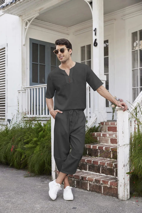 Men's Cotton Linen Shirt Set – Casual Beach Pajama Two-Piece