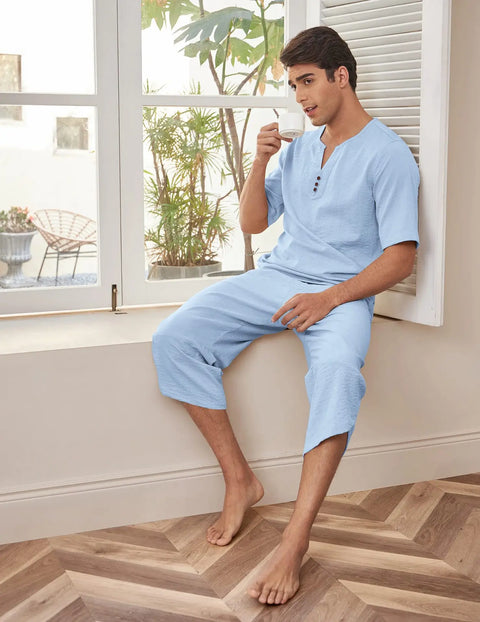 Men's Cotton Linen Shirt Set – Casual Beach Pajama Two-Piece