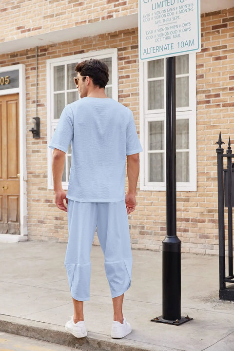 Men's Cotton Linen Shirt Set – Casual Beach Pajama Two-Piece
