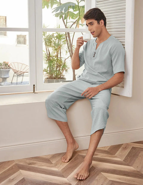 Men's Cotton Linen Shirt Set – Casual Beach Pajama Two-Piece