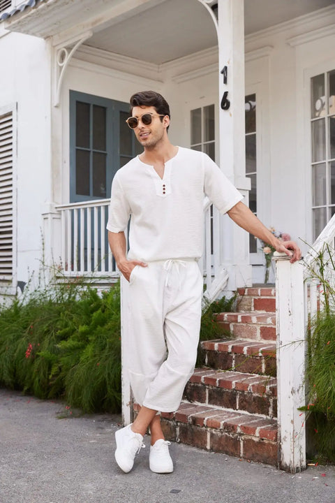 Men's Cotton Linen Shirt Set – Casual Beach Pajama Two-Piece