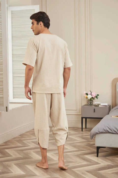 Men's Cotton Linen Shirt Set – Casual Beach Pajama Two-Piece