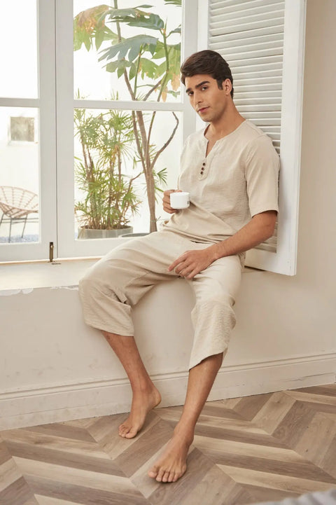 Men's Cotton Linen Shirt Set – Casual Beach Pajama Two-Piece
