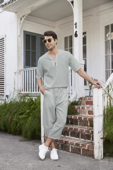 Men's Cotton Linen Shirt Set – Casual Beach Pajama Two-Piece