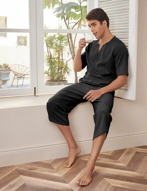 Men's Cotton Linen Shirt Set – Casual Beach Pajama Two-Piece
