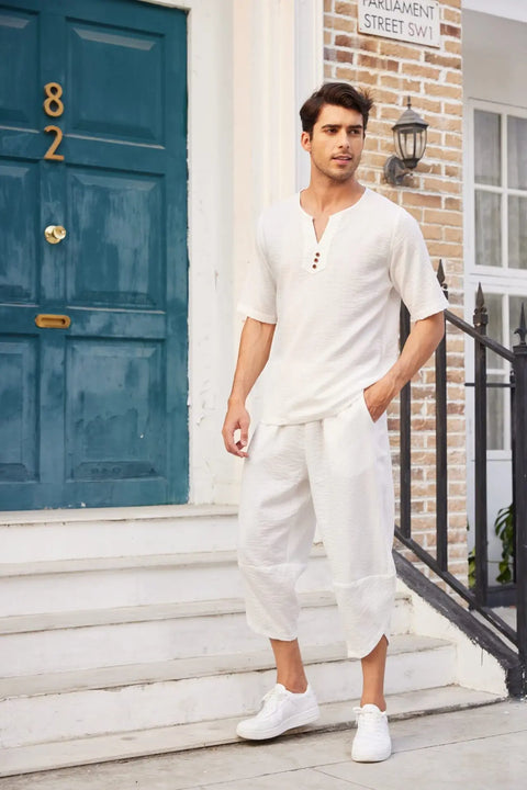 Men's Cotton Linen Shirt Set – Casual Beach Pajama Two-Piece