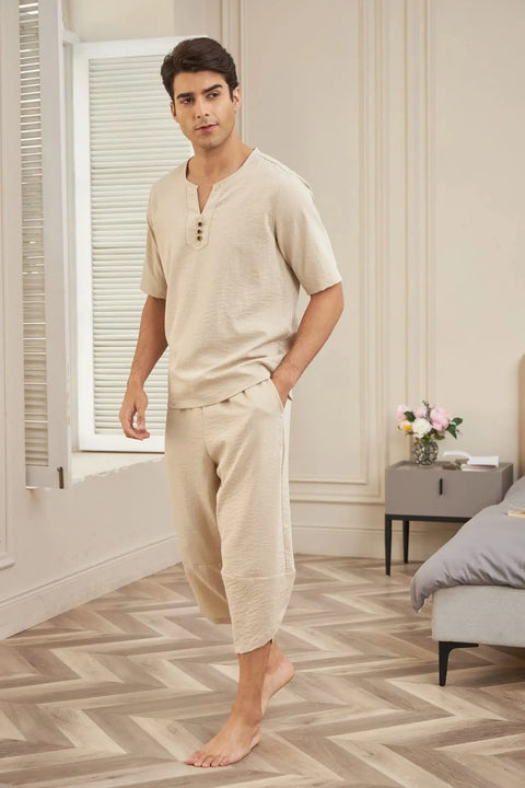 Men's Cotton Linen Shirt Set – Casual Beach Pajama Two-Piece