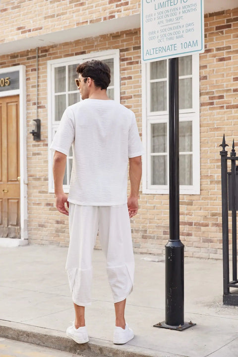 Men's Cotton Linen Shirt Set – Casual Beach Pajama Two-Piece